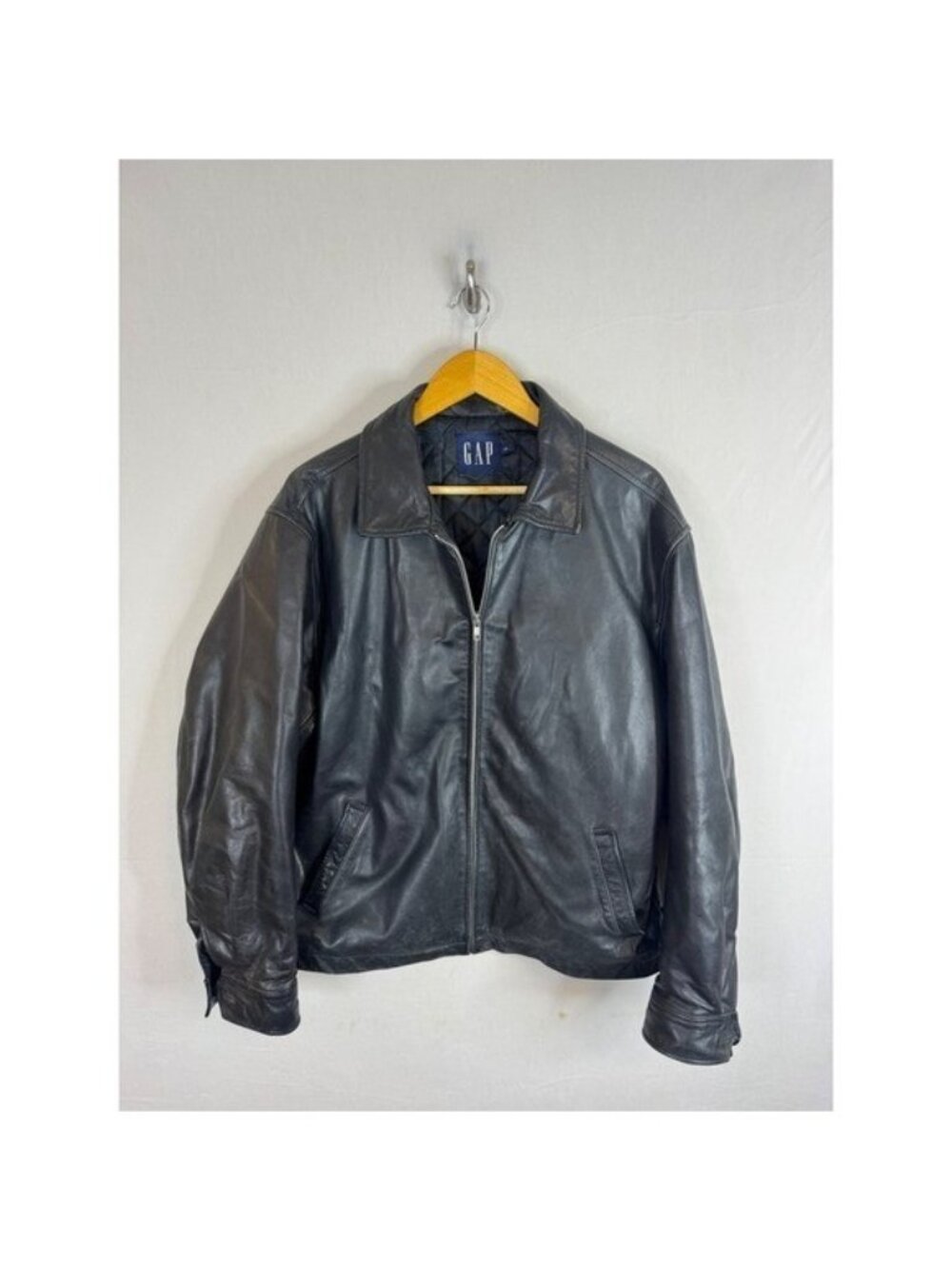 Gap Mens Vintage 90s Black Genuine Leather Quilted Lined Bomber Jacket Large
